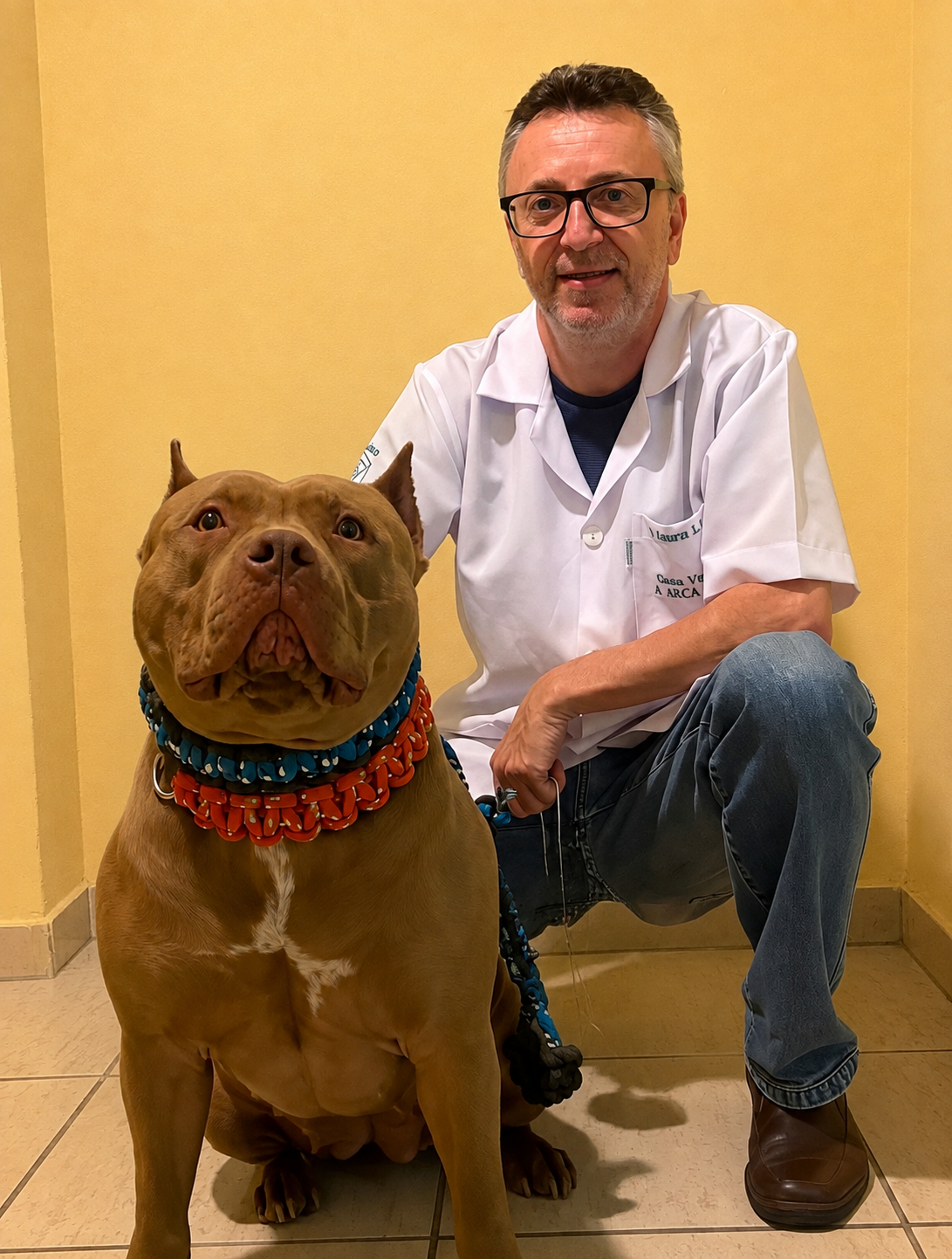 Dr. Roberto Sopeña Ladeira com um cão durante atendimento veterinário