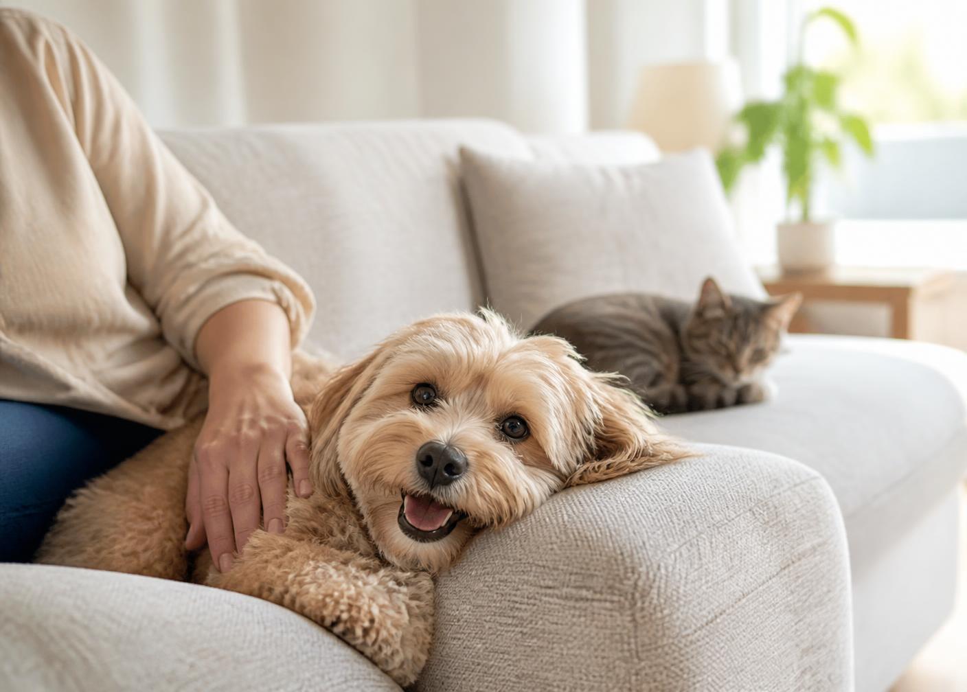 Cão de pequeno porte deitado ao lado do tutor no sofá, com um gato dormindo ao fundo